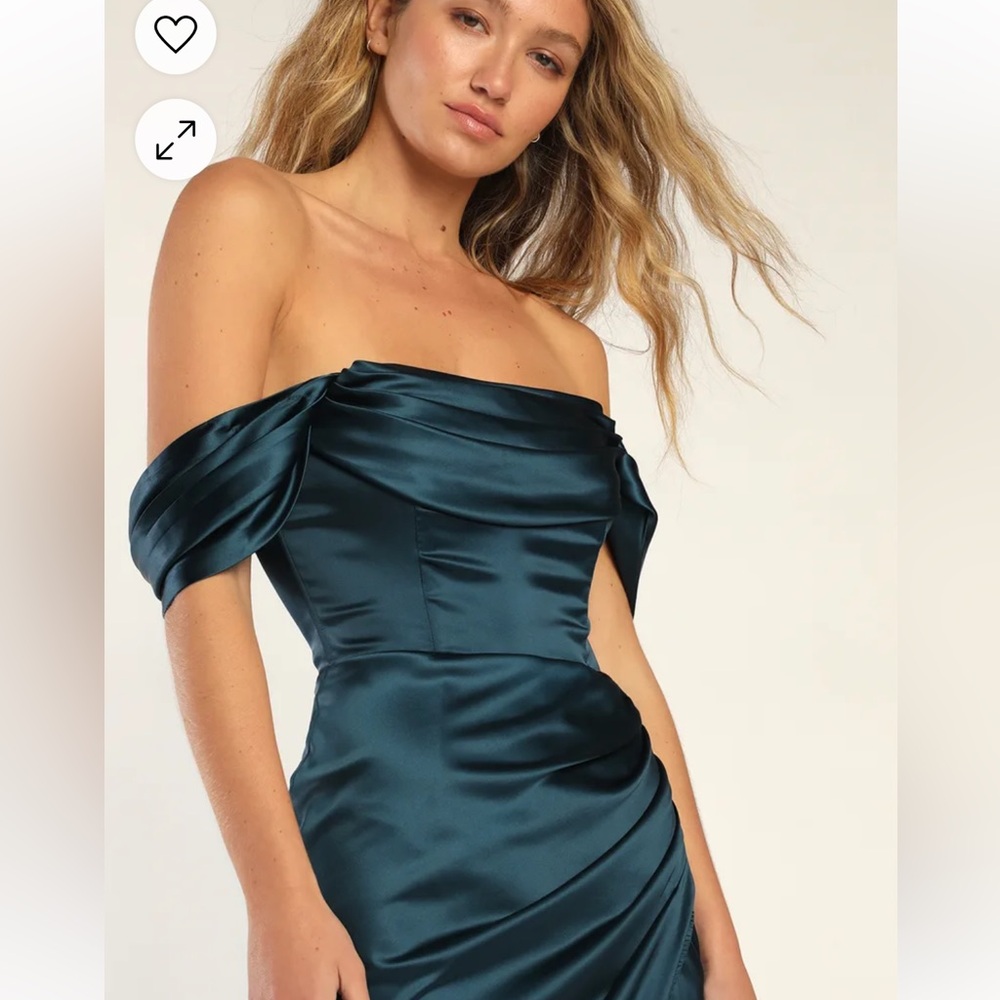 Teal satin off the shoulder maxi dress with high slit - Lulus - Picture 4 of 4
